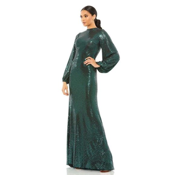 Mac Duggal NWT Disco Stretch Blouson Sleeve Gown in Bottle Green Size 8 - Picture 1 of 8
